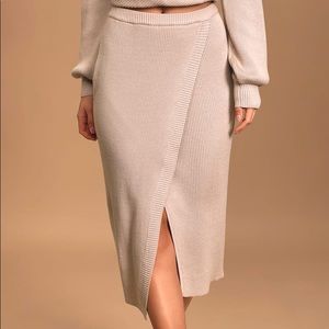 Loving Feelings Taupe Ribbed Knit Faux Wrap Midi Skirt